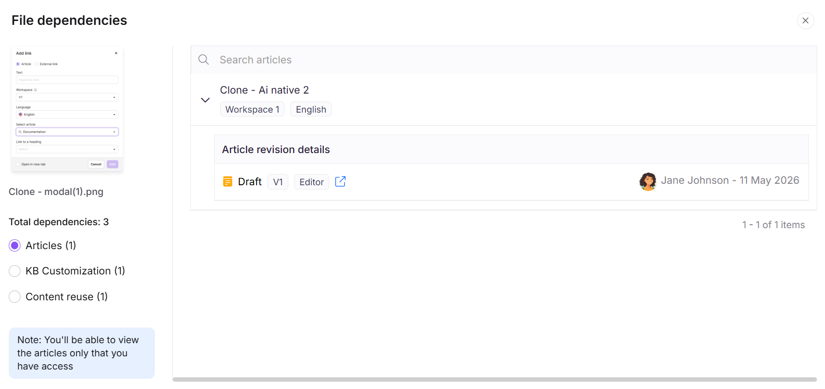 File dependencies modal showing article details and total dependencies for editing.